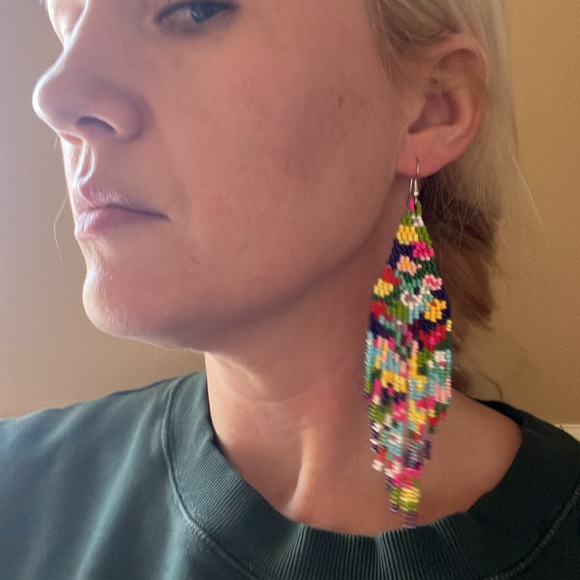 Handmade Navy Rainbow Floral Seed Bead Dangle Earrings - Picture 11 of 11